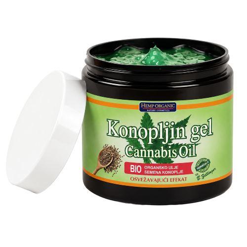 Otvorena kutija konopljinog gela protiv bolova Hemp Organic 500 ml